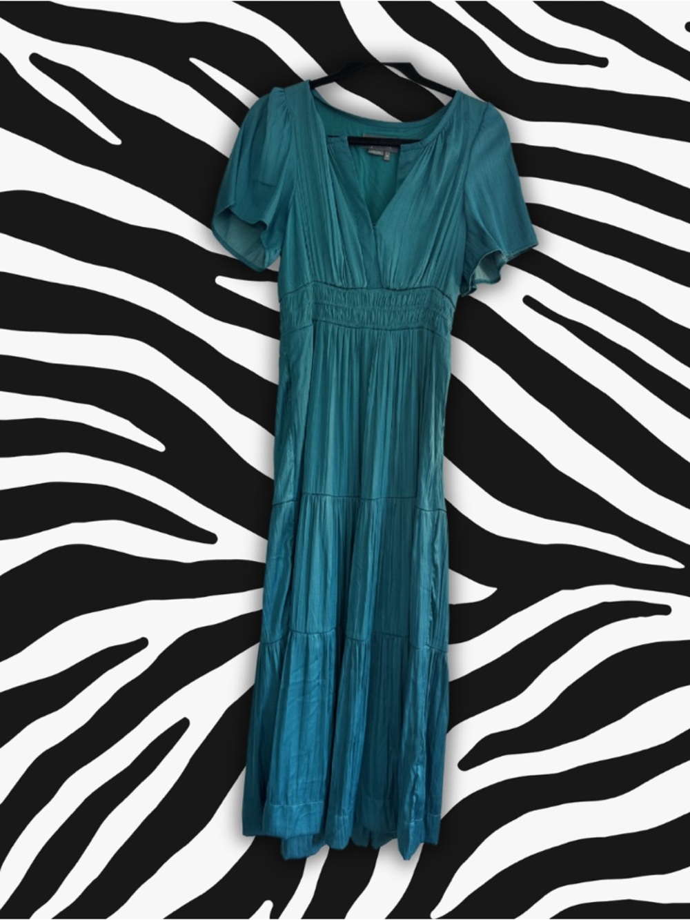 Anthropologie Boho Teal V-Neck Tiered Maxi Dress |Wedding Guest| Vacation|